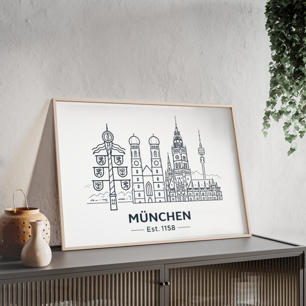 München Skyline Poster mit Holzrahmen