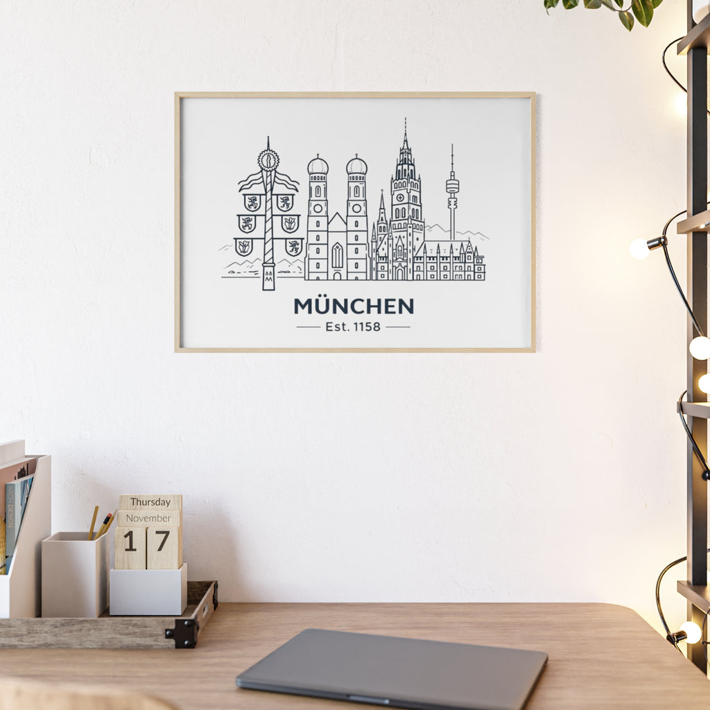 München Skyline Poster mit Holzrahmen