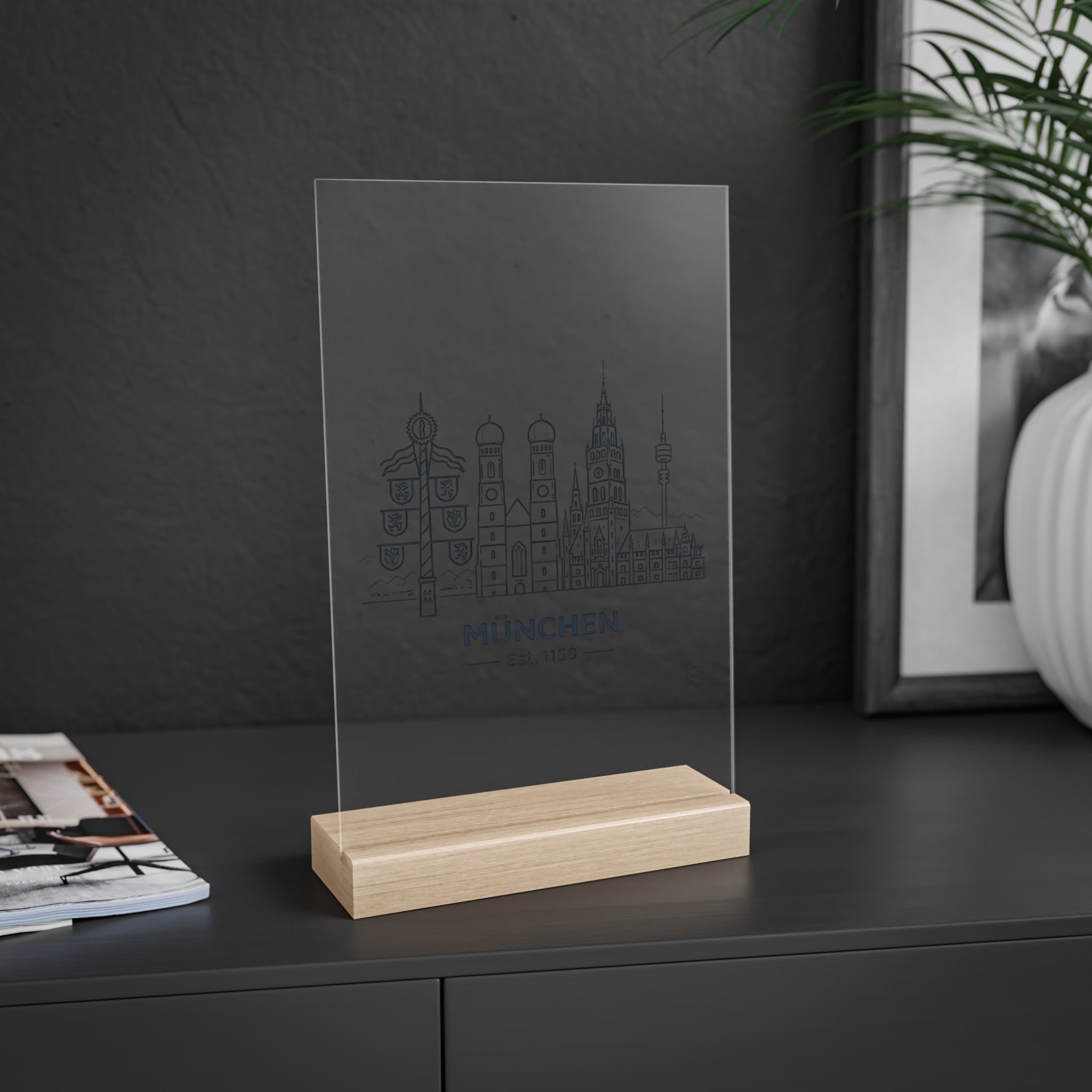 München Skyline Acryl-Schild mit Holzständer