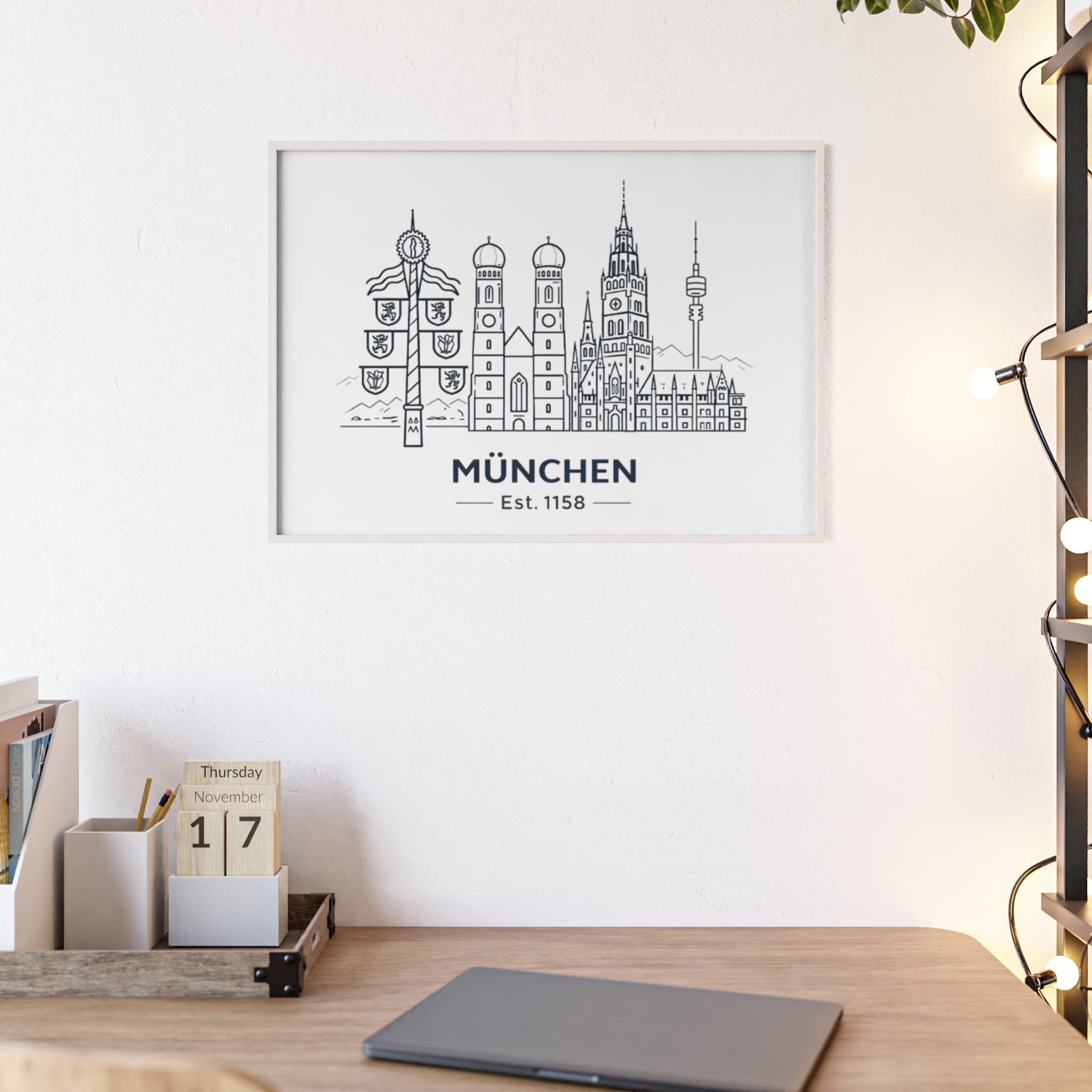 München Skyline Poster mit Holzrahmen