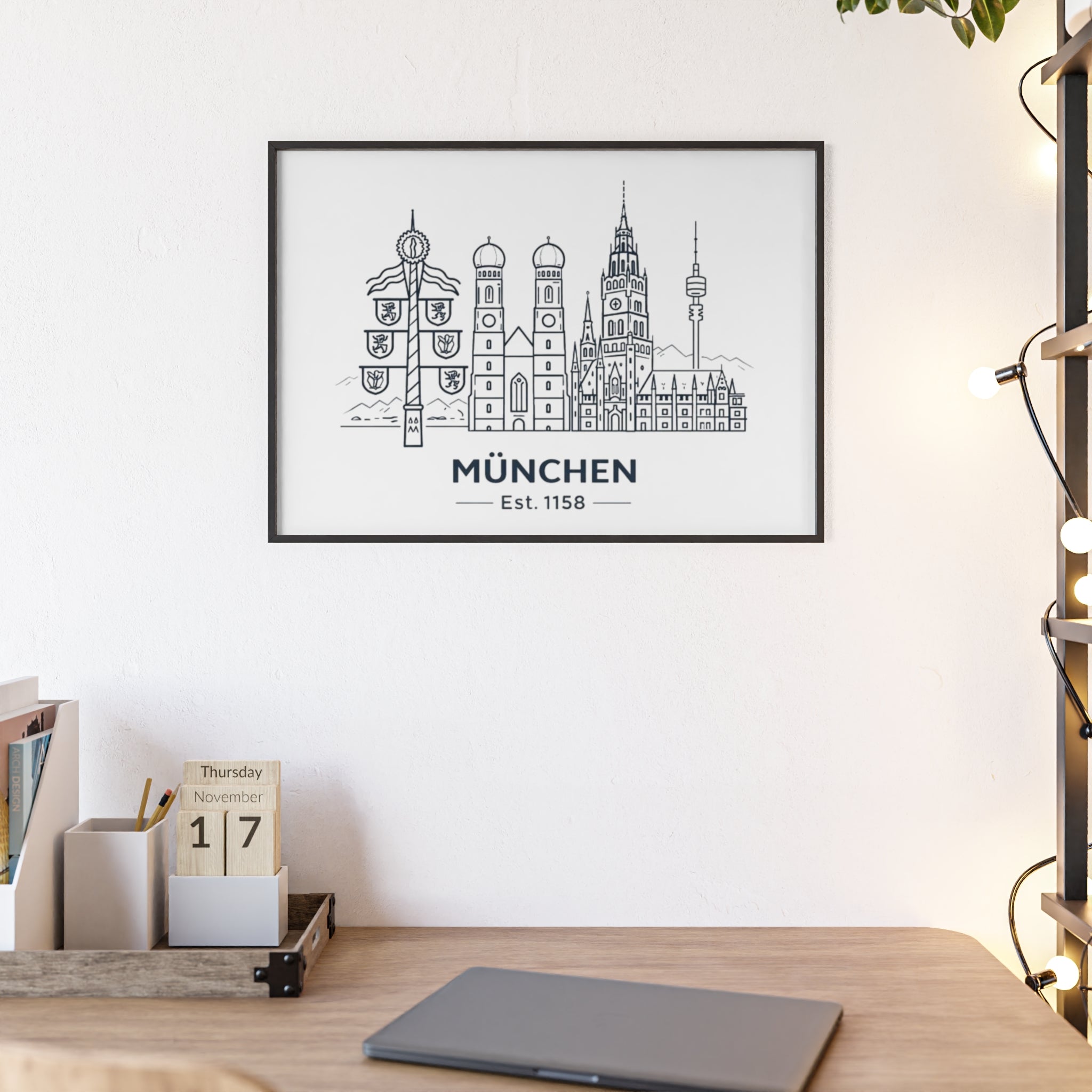 München Skyline Poster mit Holzrahmen
