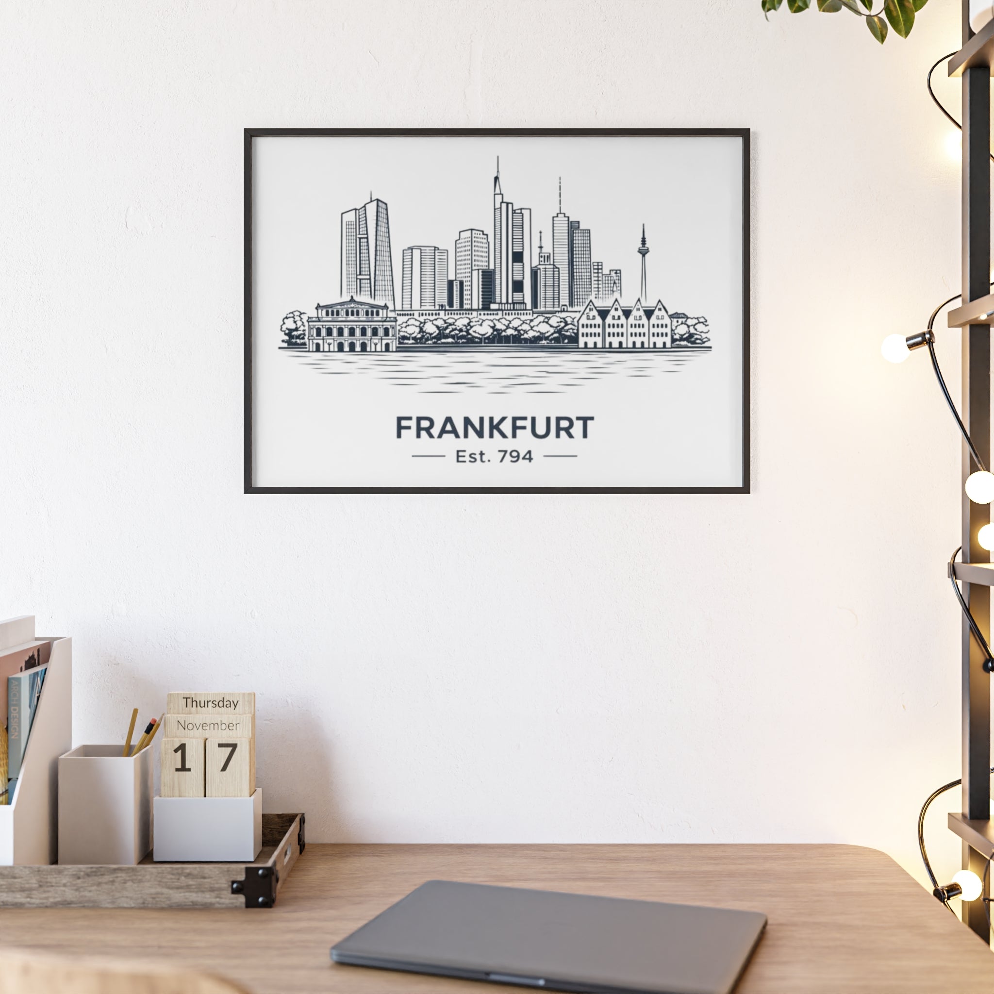 Frankfurt Skyline Poster mit Holzrahmen