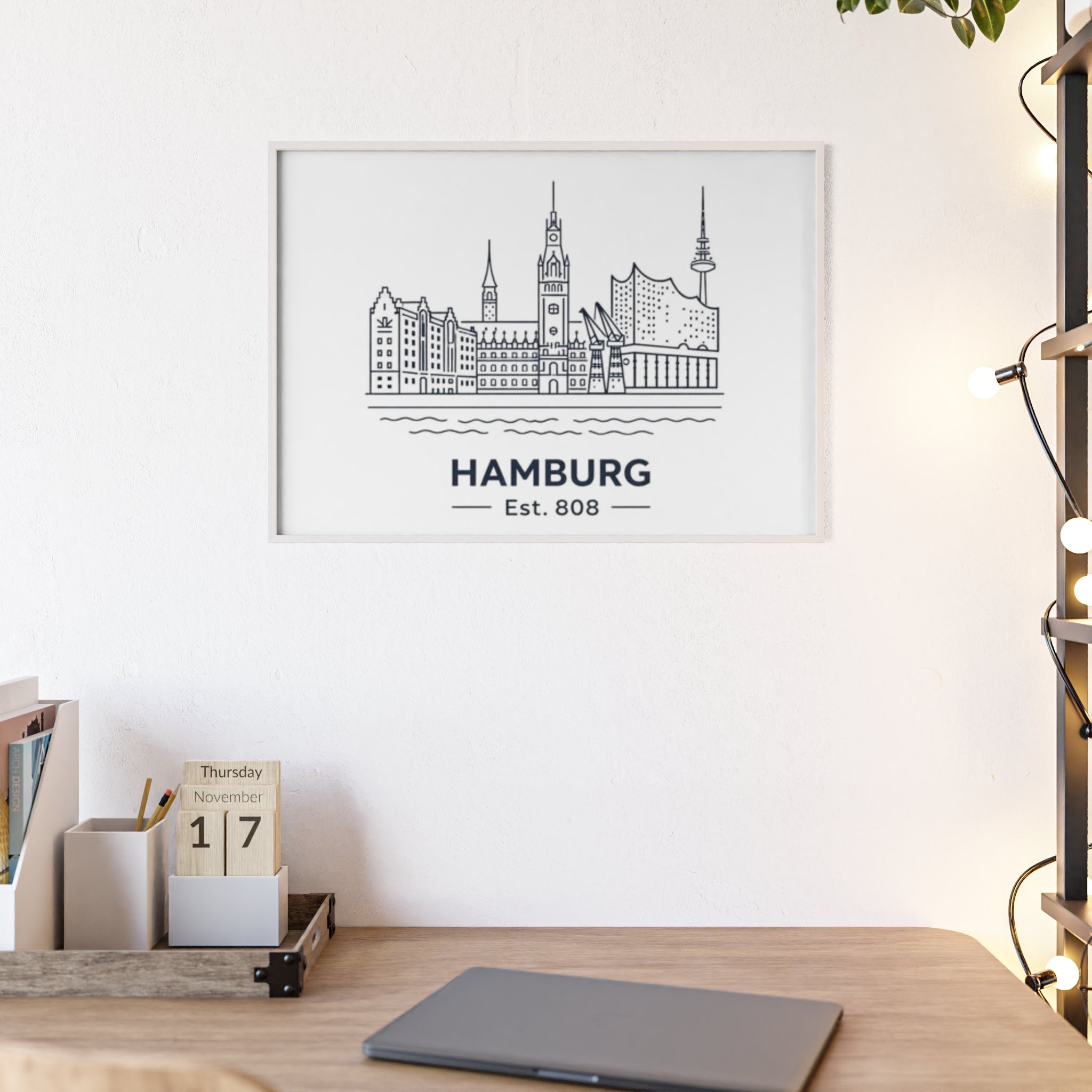 Hamburg Skyline Poster mit Holzrahmen