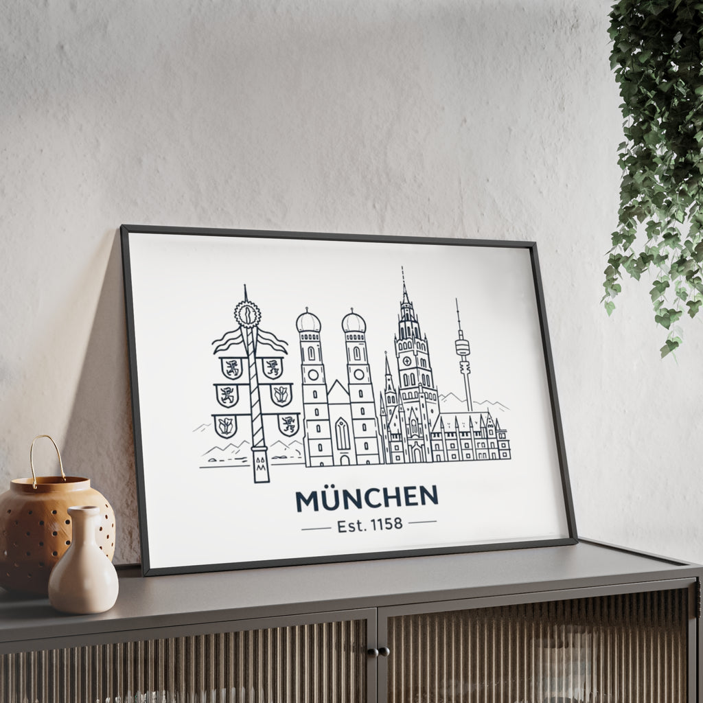 München Skyline Poster mit Holzrahmen