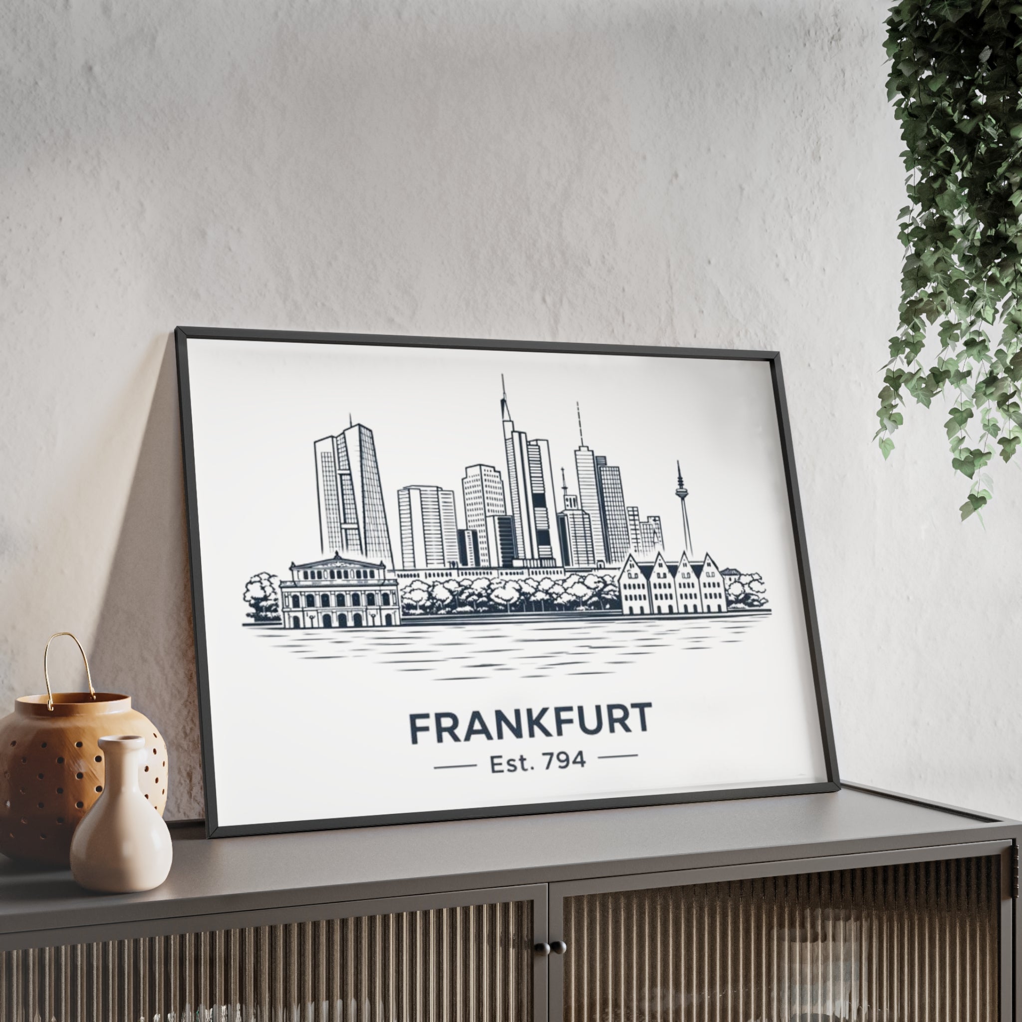 Frankfurt Skyline Poster mit Holzrahmen